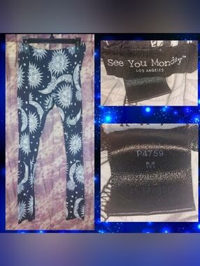 See You Monday Blk & Wht Sun & Moon Celestial Print Full Length Leggings Sz Med